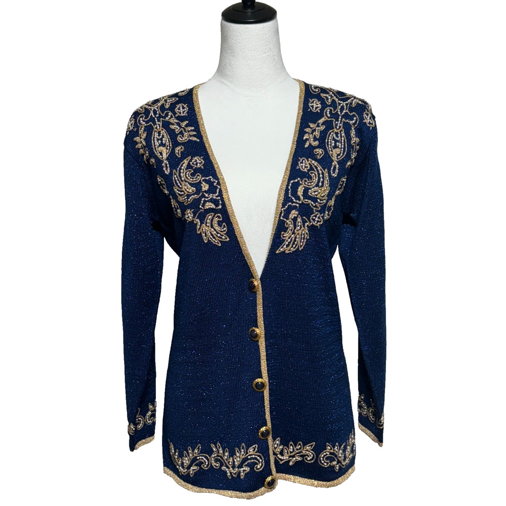 Vtg Jaclyn Smith Cardigan Small Petite Blue Gold Embroidered Metallic‎ Sweater